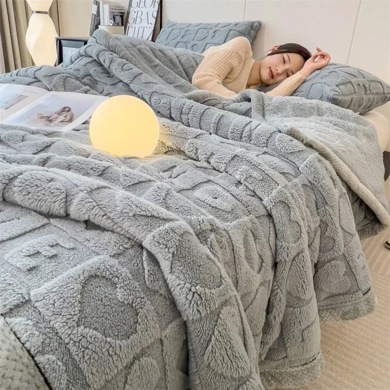 SaneShoppe - Winter Thick Lamb Fleece Blanket Solid Color Hibiscus Nap Blanket Coral Fleece Heart Shap Sofa Mat A Grade Cotton Bed Sheets
