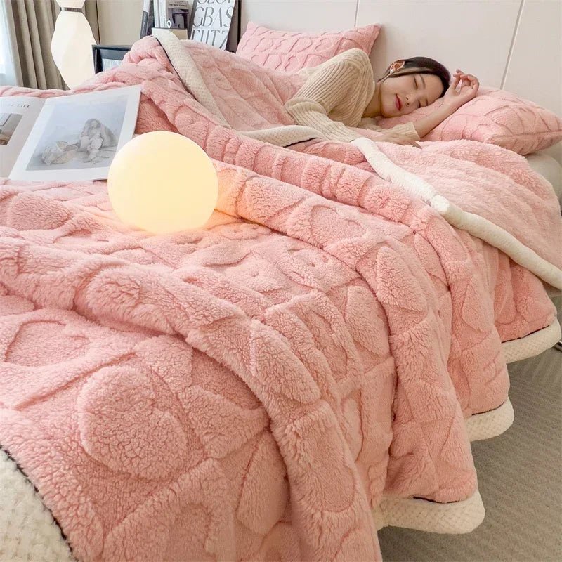 SaneShoppe - Winter Thick Lamb Fleece Blanket Solid Color Hibiscus Nap Blanket Coral Fleece Heart Shap Sofa Mat A Grade Cotton Bed Sheets