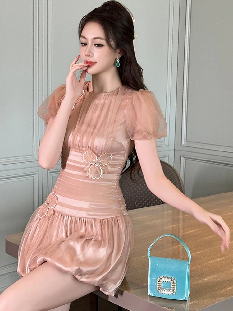 SaneShoppe - Women Clothes Evening Sweet Pink Sexy Puff Sleeve Corset Mini Short Dress Elegant Lady Fashion Party Birthday Vestido Summer New