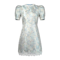 SaneShoppe - Women Clothes Retro Blue Jacquard Puff Sleeve Lace Slim A - Line Mini Short Dress Elegant Lady Fashion Party Vestidos Casual New