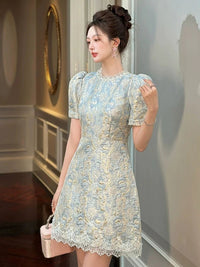 SaneShoppe - Women Clothes Retro Blue Jacquard Puff Sleeve Lace Slim A - Line Mini Short Dress Elegant Lady Fashion Party Vestidos Casual New