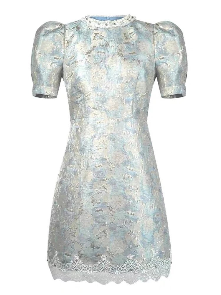 SaneShoppe - Women Clothes Retro Blue Jacquard Puff Sleeve Lace Slim A - Line Mini Short Dress Elegant Lady Fashion Party Vestidos Casual New