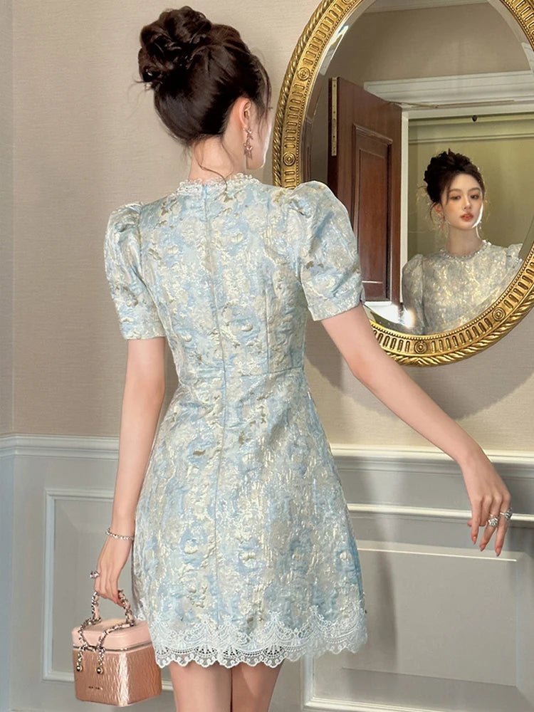 SaneShoppe - Women Clothes Retro Blue Jacquard Puff Sleeve Lace Slim A - Line Mini Short Dress Elegant Lady Fashion Party Vestidos Casual New