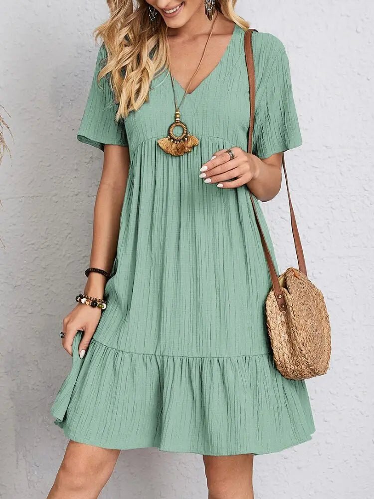 SaneShoppe - Women Elegant Short Sleeve V Neck Ruffles Dress Summer Casual Solid Loose Mini Dress Chic Bohemian Sundress Beach Party Vestidos