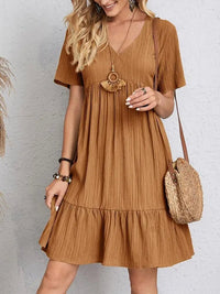 SaneShoppe - Women Elegant Short Sleeve V Neck Ruffles Dress Summer Casual Solid Loose Mini Dress Chic Bohemian Sundress Beach Party Vestidos