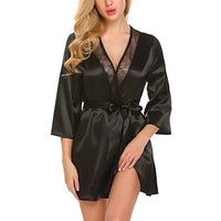 Women's Satin Kimono Robe with Lace - Bridal Wedding Wrap Nightgown Pajamas