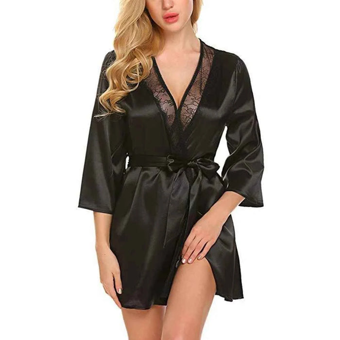 Women's Satin Kimono Robe with Lace - Bridal Wedding Wrap Nightgown Pajamas