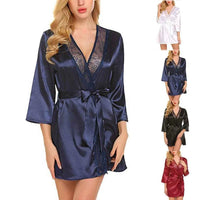 Women's Satin Kimono Robe with Lace - Bridal Wedding Wrap Nightgown Pajamas