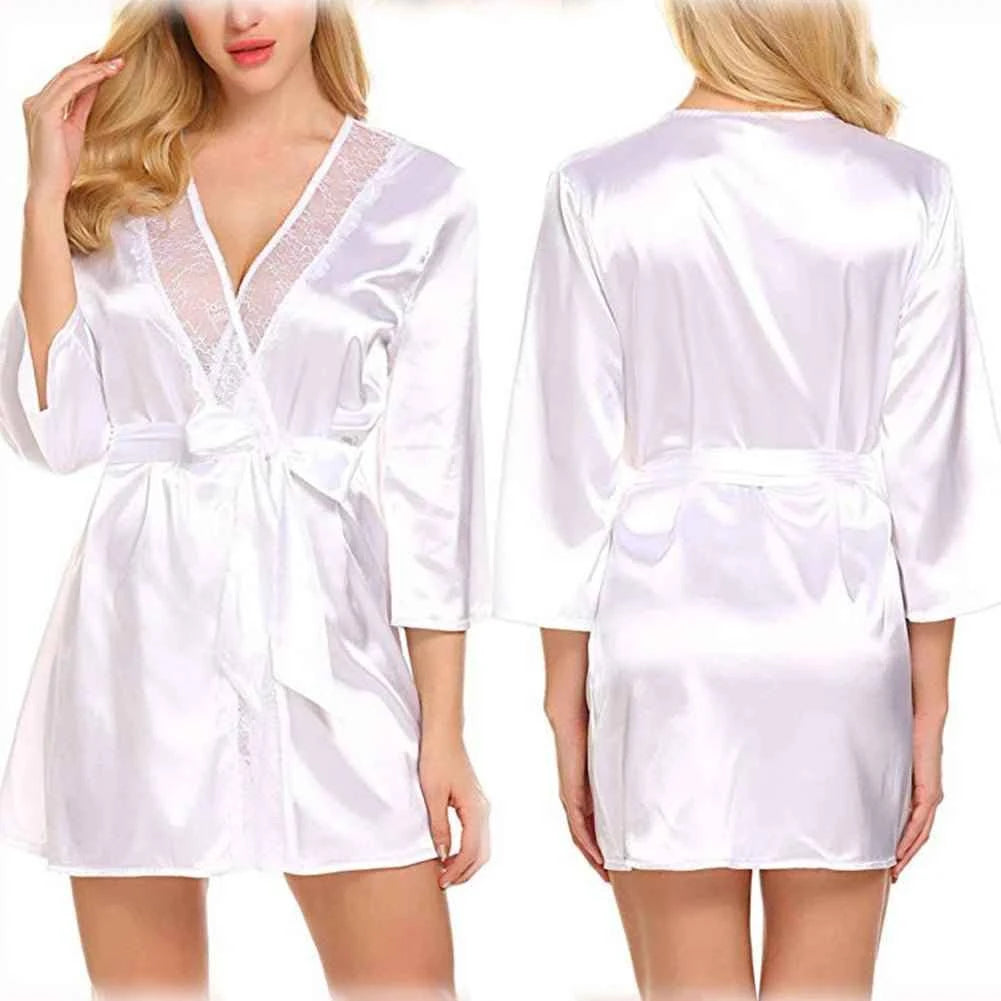 Women's Satin Kimono Robe with Lace - Bridal Wedding Wrap Nightgown Pajamas