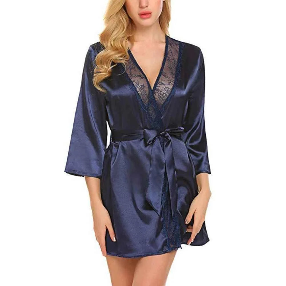 Women's Satin Kimono Robe with Lace - Bridal Wedding Wrap Nightgown Pajamas