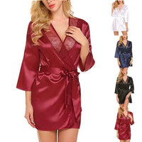 Women's Satin Kimono Robe with Lace - Bridal Wedding Wrap Nightgown Pajamas