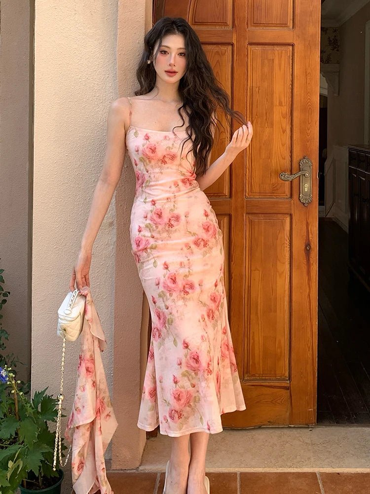 SaneShoppe - Women Vacation Clothes Sweet Floral Print 2 Piece Outfit Sexy Sling Slim Dress And Ruffled Tops Coat Set Suits Casual Autumn New