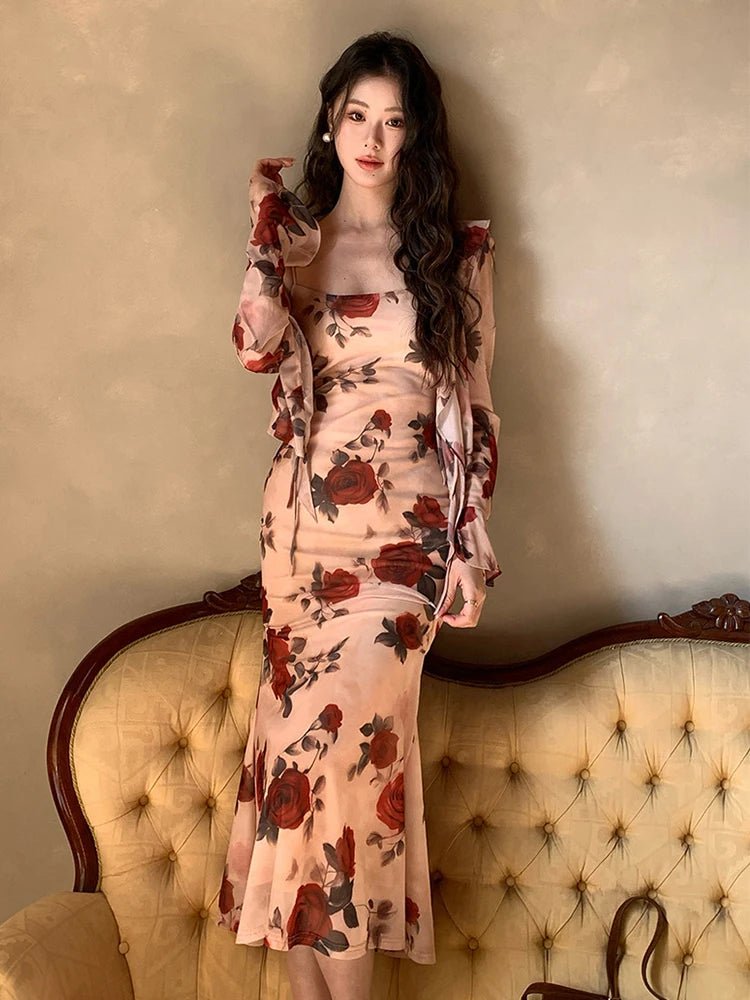 SaneShoppe - Women Vacation Clothes Sweet Floral Print 2 Piece Outfit Sexy Sling Slim Dress And Ruffled Tops Coat Set Suits Casual Autumn New