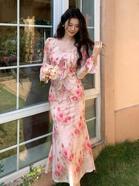 SaneShoppe - Women Vacation Clothes Sweet Floral Print 2 Piece Outfit Sexy Sling Slim Dress And Ruffled Tops Coat Set Suits Casual Autumn New
