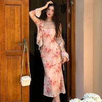 SaneShoppe - Women Vacation Clothes Sweet Floral Print 2 Piece Outfit Sexy Sling Slim Dress And Ruffled Tops Coat Set Suits Casual Autumn New