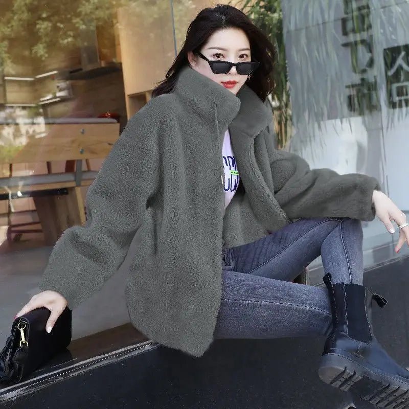 SaneShoppe-Winter Women's Plush Fleece Coat with Stand Collar, Casual Zipper Closure Long Sleeve Overcoat