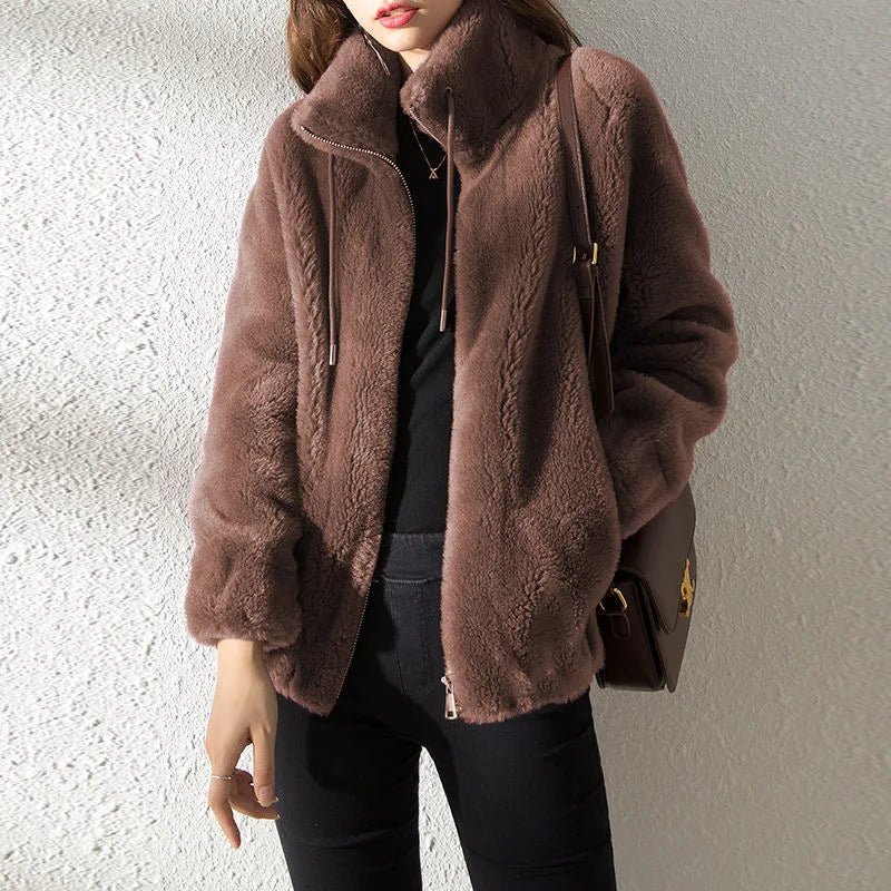 SaneShoppe-Winter Women's Plush Fleece Coat with Stand Collar, Casual Zipper Closure Long Sleeve Overcoat