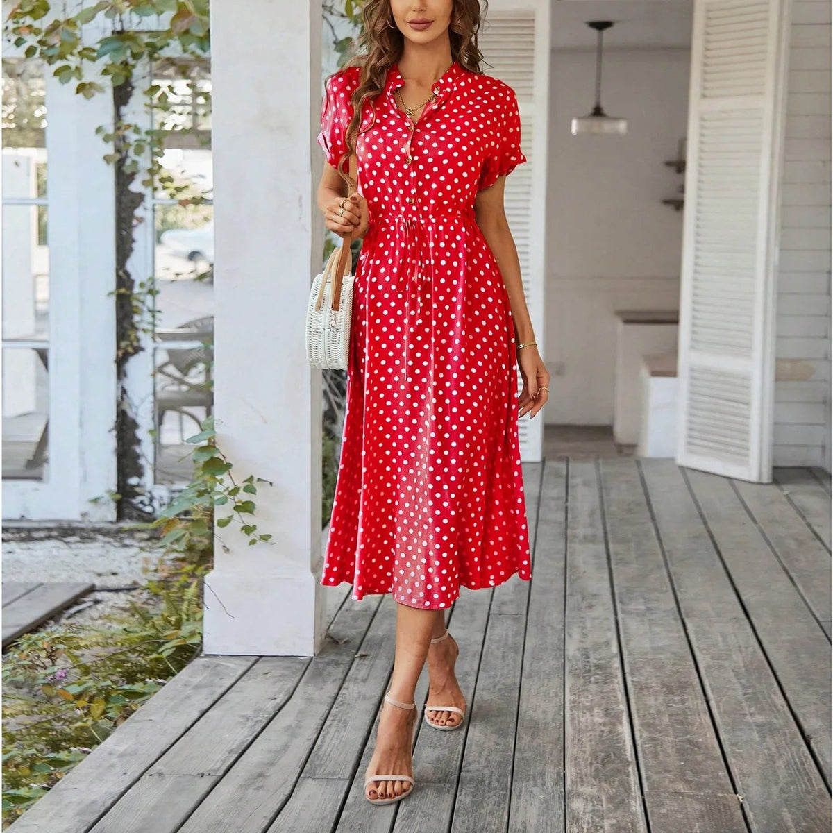 SaneShoppe - Women'S Button Printed Maxi Dress Drawstring Waist V - Neck Elegant Slim Casual Long Dress Summer Club Party Prom Dress