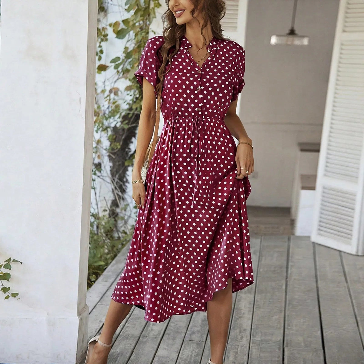 SaneShoppe - Women'S Button Printed Maxi Dress Drawstring Waist V - Neck Elegant Slim Casual Long Dress Summer Club Party Prom Dress