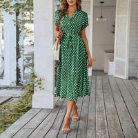 SaneShoppe - Women'S Button Printed Maxi Dress Drawstring Waist V - Neck Elegant Slim Casual Long Dress Summer Club Party Prom Dress