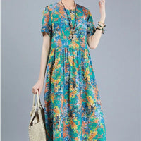 SaneShoppe-Vintage Folk Hand-Painted Spliced Midi Dress for Women - Summer Casual Loose Fit Round Neck