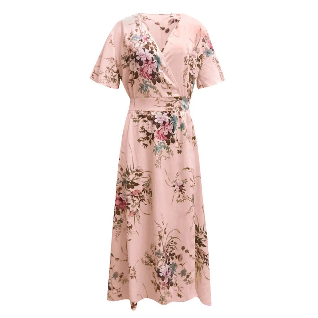 SaneShoppe - Women's Dress Plus Size Short Sleeve Boho Print Summer Women Floral Long Maxi Dresses A Line High Waist Loose Sundress Beachwear