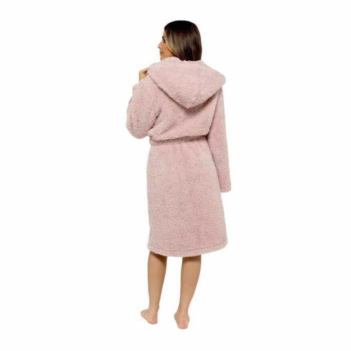 SaneShoppe - Women's Dusky Pink Teddy Fleece Hooded Robe Ultra Soft Cozy Bathrobe Winter Loungewear Pajamas for Ladies by Daisy Dreamer
