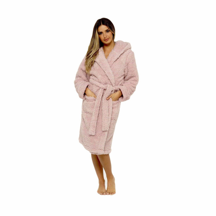 SaneShoppe - Women's Dusky Pink Teddy Fleece Hooded Robe Ultra Soft Cozy Bathrobe Winter Loungewear Pajamas for Ladies by Daisy Dreamer
