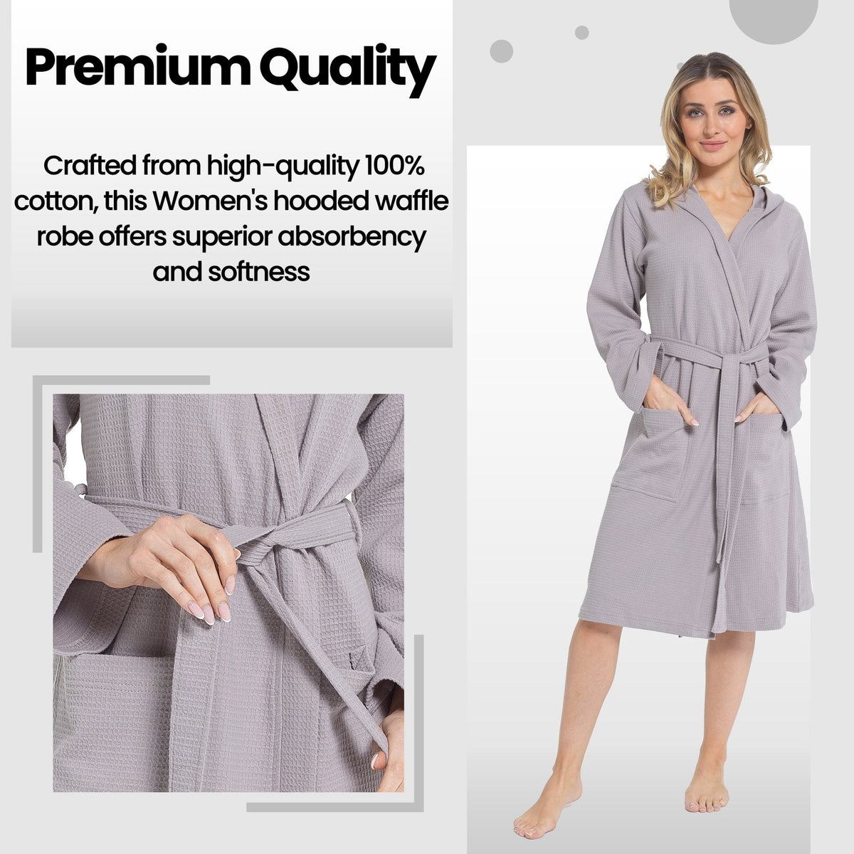 SaneShoppe - Women's Hooded Waffle Cotton Bathrobe Grey Super Absorbent Spa Dressing Gown for Home Lounge & Travel by Daisy Dreamer