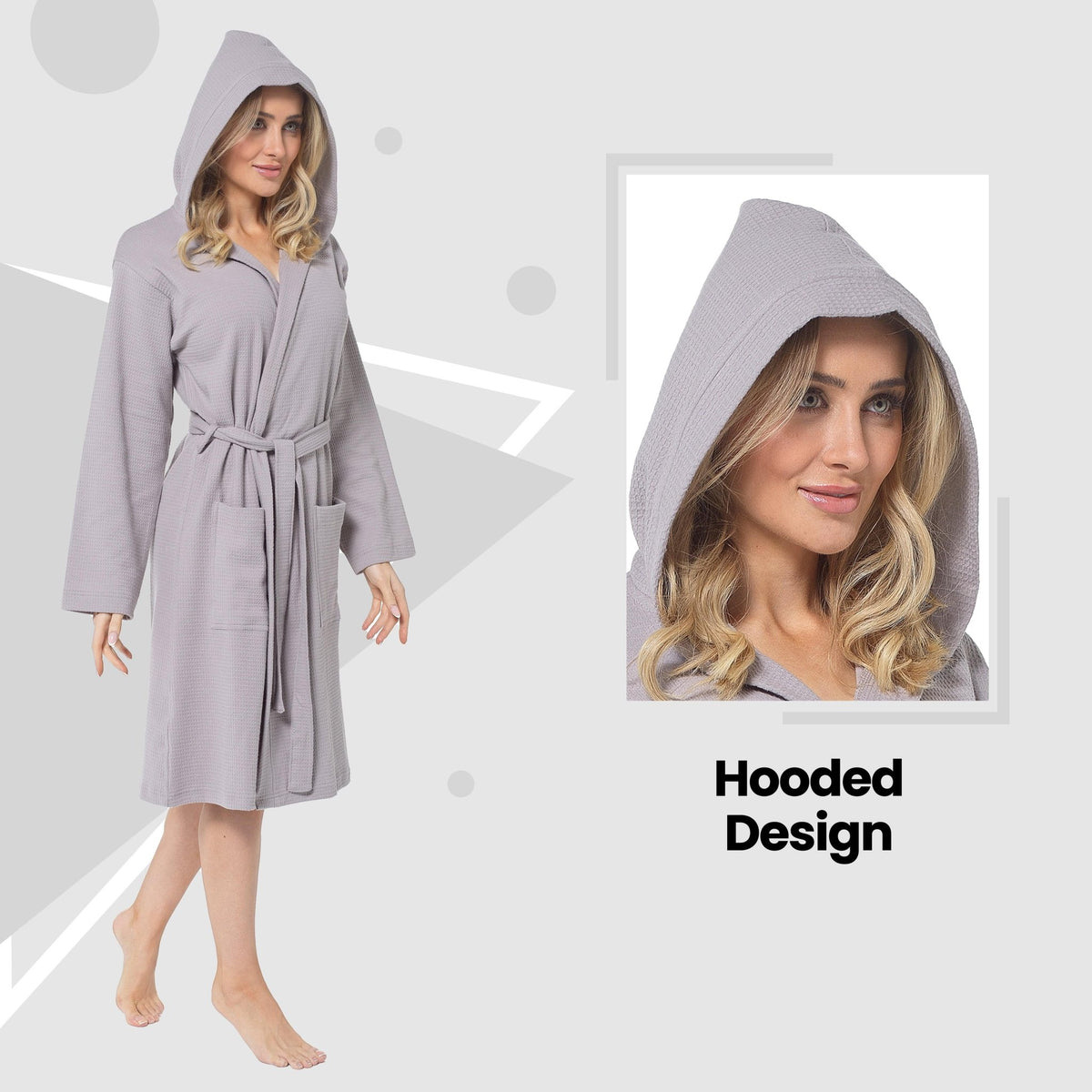 SaneShoppe - Women's Hooded Waffle Cotton Bathrobe Grey Super Absorbent Spa Dressing Gown for Home Lounge & Travel by Daisy Dreamer