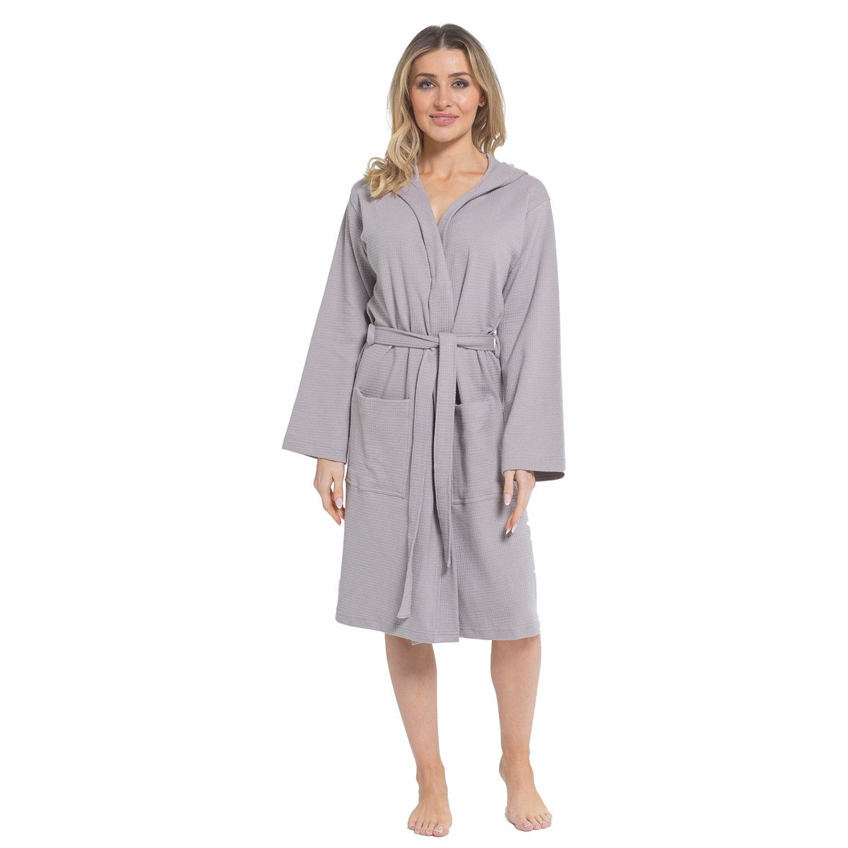 SaneShoppe - Women's Hooded Waffle Cotton Bathrobe Grey Super Absorbent Spa Dressing Gown for Home Lounge & Travel by Daisy Dreamer