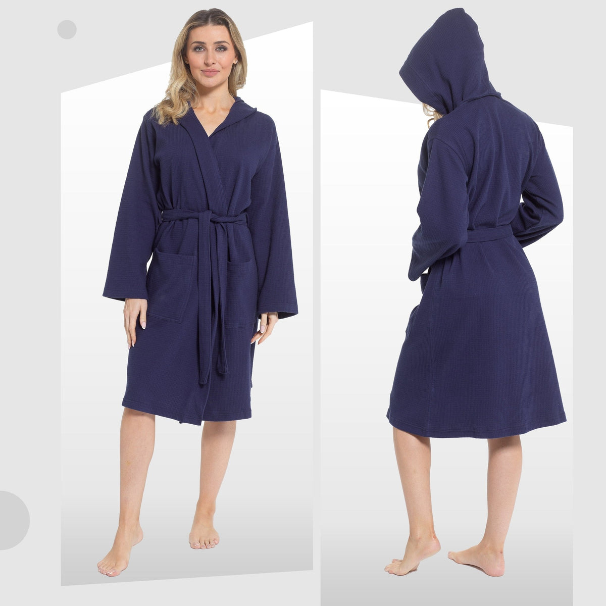 SaneShoppe - Women's Hooded Waffle Cotton Bathrobe Navy Super Absorbent Spa Dressing Gown for Home Lounge & Travel by Daisy Dreamer