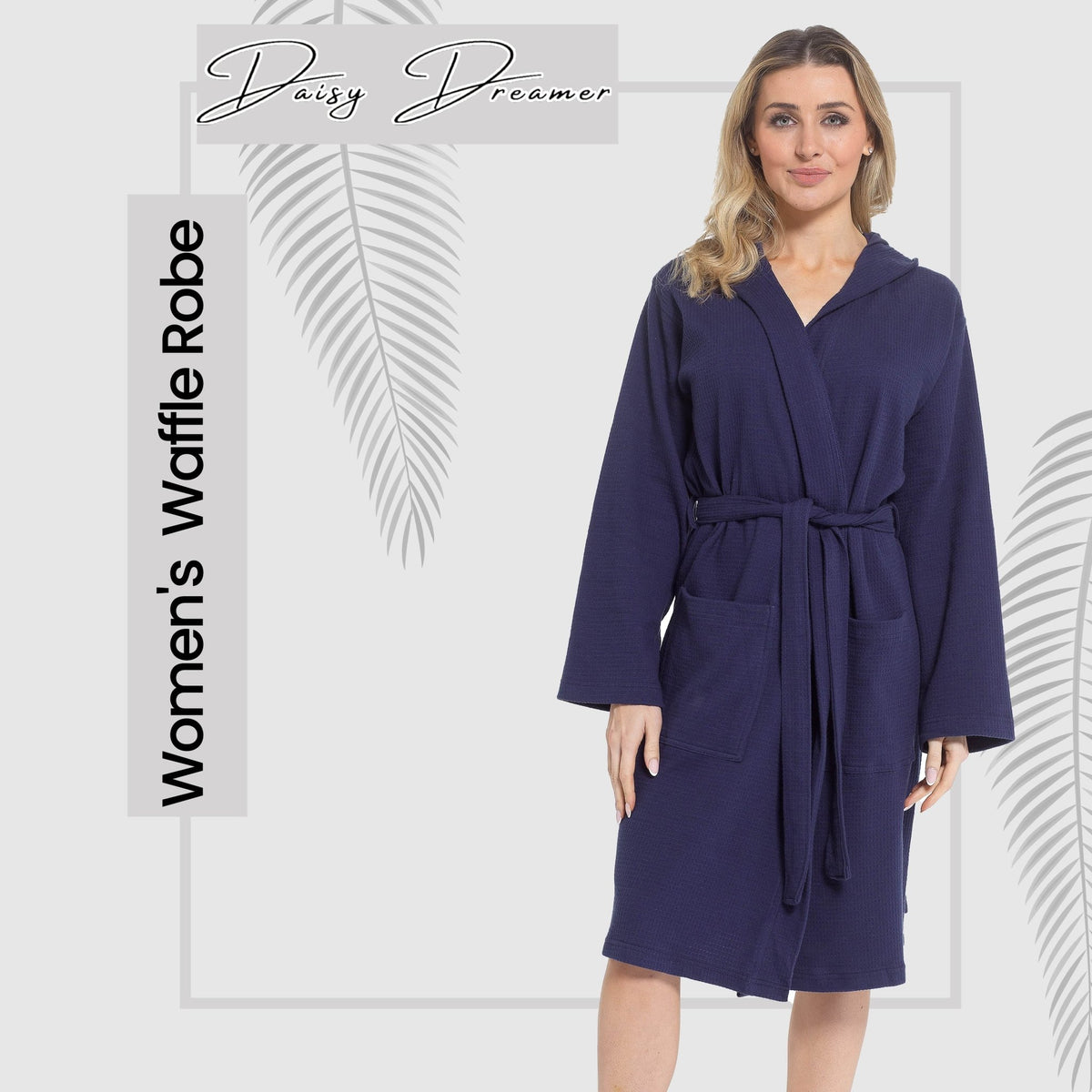 SaneShoppe - Women's Hooded Waffle Cotton Bathrobe Navy Super Absorbent Spa Dressing Gown for Home Lounge & Travel by Daisy Dreamer