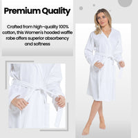 SaneShoppe - Women's Hooded Waffle Cotton Bathrobe White Super Absorbent Spa Dressing Gown for Home Lounge & Travel by Daisy Dreamer