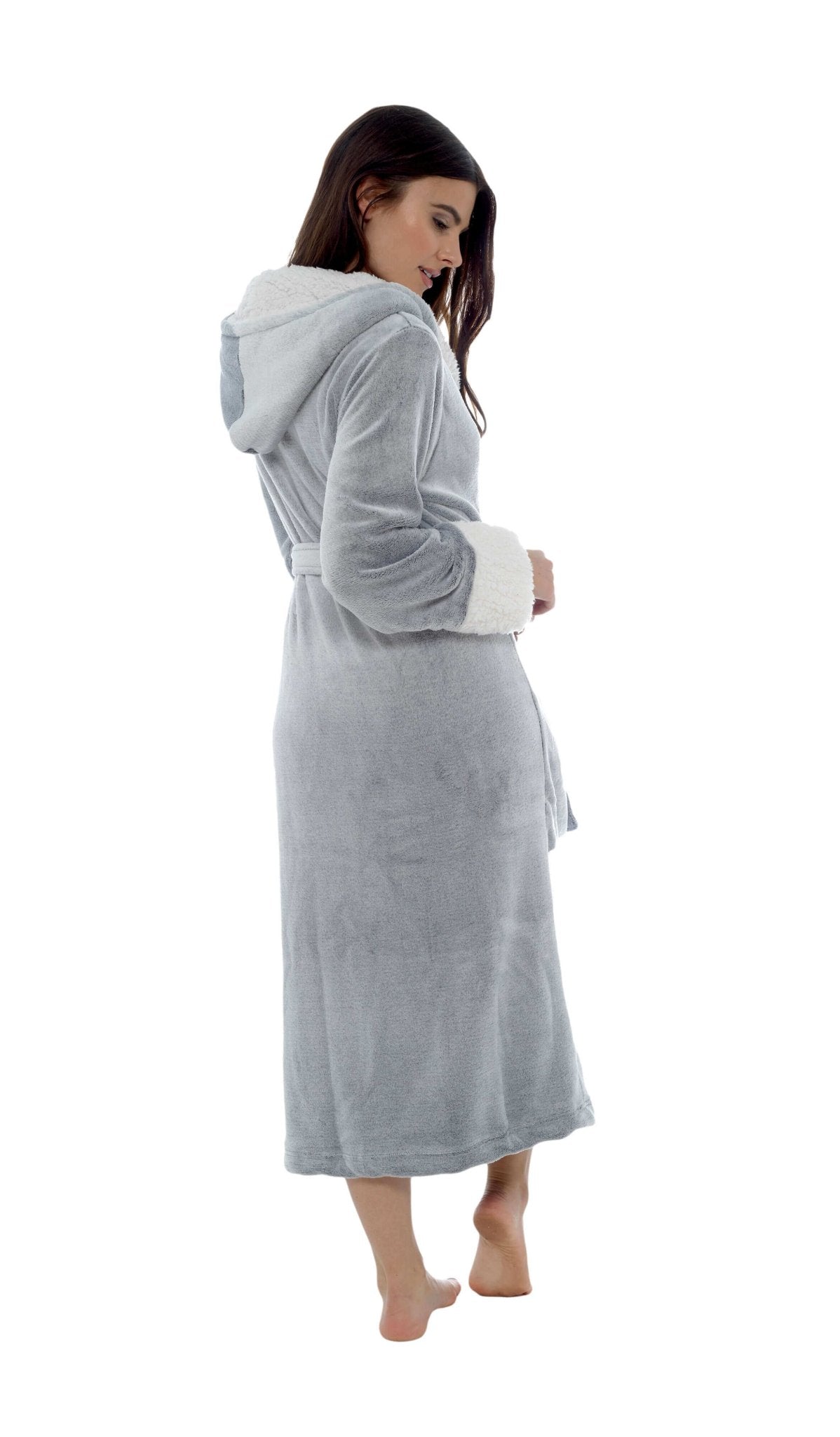 SaneShoppe - Women's Luxurious Shimmer Grey Fleece Dressing Gown With Sherpa Fur Hood Plush Flannel Bath Robe Elegant Silver Soft Cozy Loungewear by Daisy Dreamer