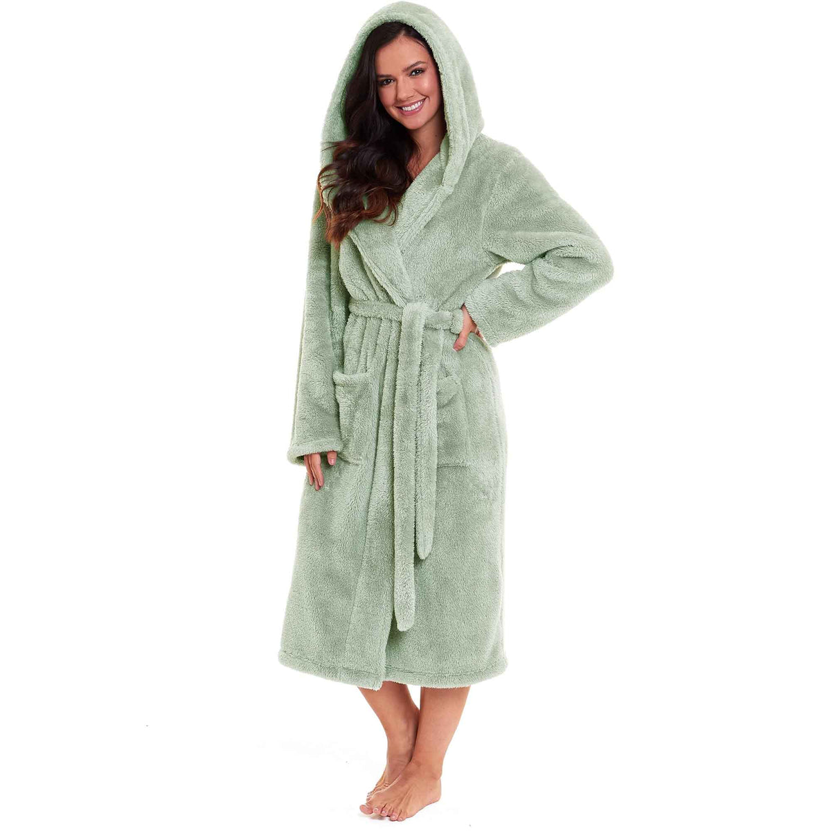 SaneShoppe - Women's Sage Green Snuggle Fleece Touch Hooded Robe Luxurious Soft Loungewear Cosy Durable Dressing Gown UK Sizes 8 - 22 by Daisy Dreamer