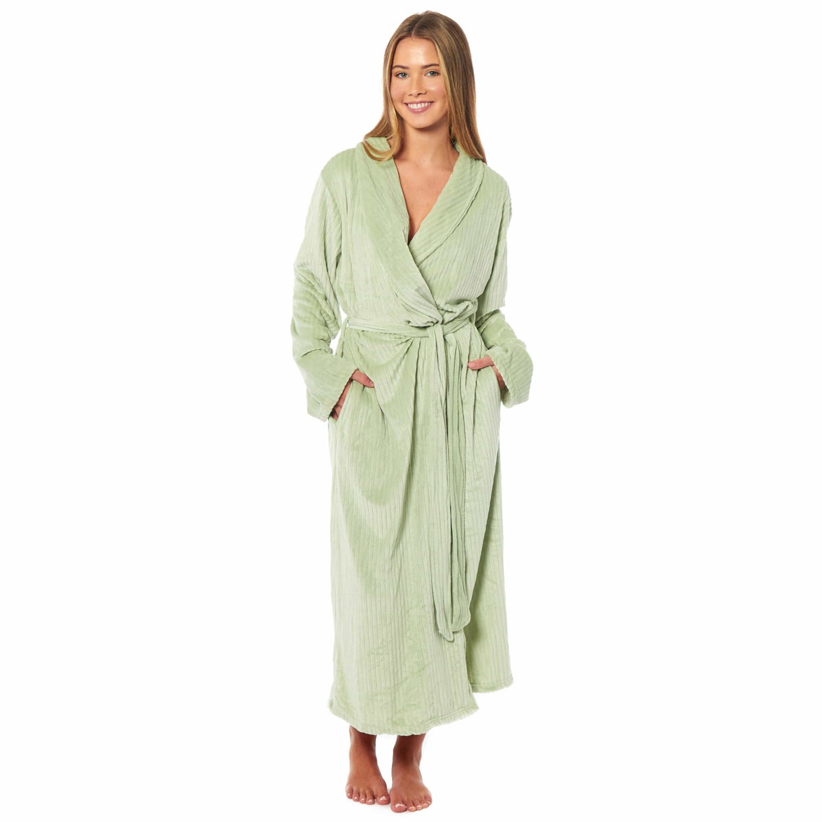 SaneShoppe - Women's Stripe Jacquard Soft Warm Long Dressing Gown with Belt and Pockets Cosy Shawl Collar Loungewear Robe By Daisy Dreamer