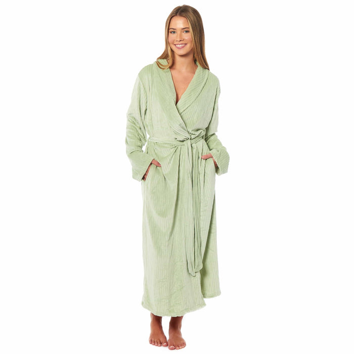 SaneShoppe - Women's Stripe Jacquard Soft Warm Long Dressing Gown with Belt and Pockets Cosy Shawl Collar Loungewear Robe By Daisy Dreamer