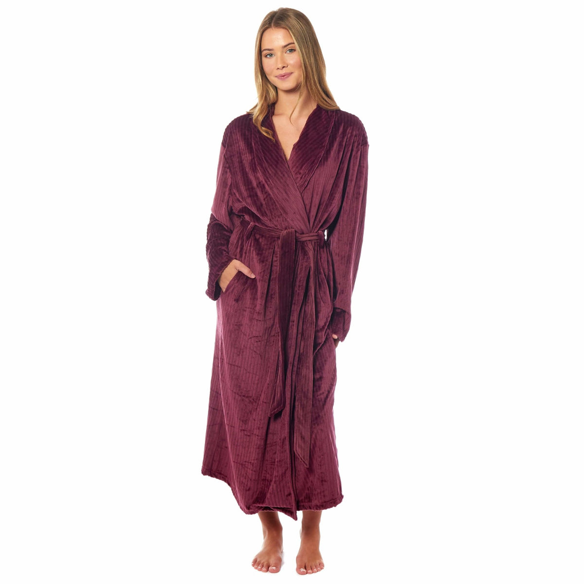 SaneShoppe - Women's Stripe Jacquard Soft Warm Long Dressing Gown with Belt and Pockets Cosy Shawl Collar Loungewear Robe By Daisy Dreamer