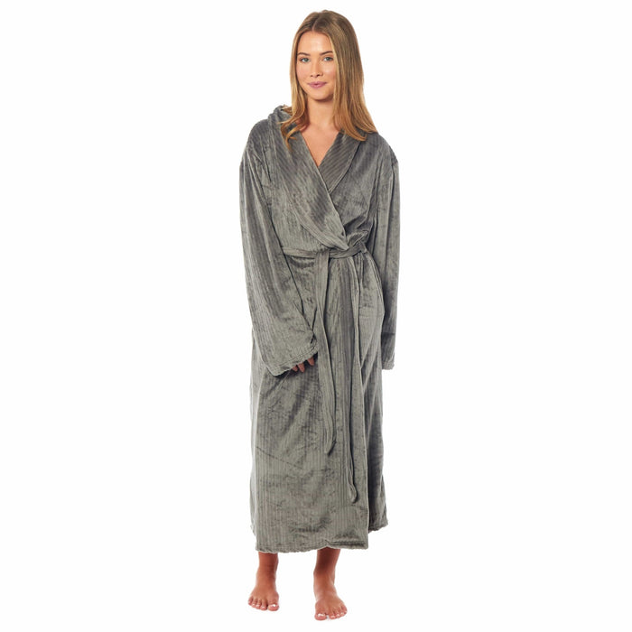 SaneShoppe - Women's Stripe Jacquard Soft Warm Long Dressing Gown with Belt and Pockets Cosy Shawl Collar Loungewear Robe By Daisy Dreamer
