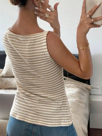 SaneShoppe-Ladies' Sheer Striped Button-Up Vest Casual Sleeveless Top for Daily Wear