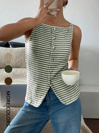 SaneShoppe-Ladies' Sheer Striped Button-Up Vest Casual Sleeveless Top for Daily Wear
