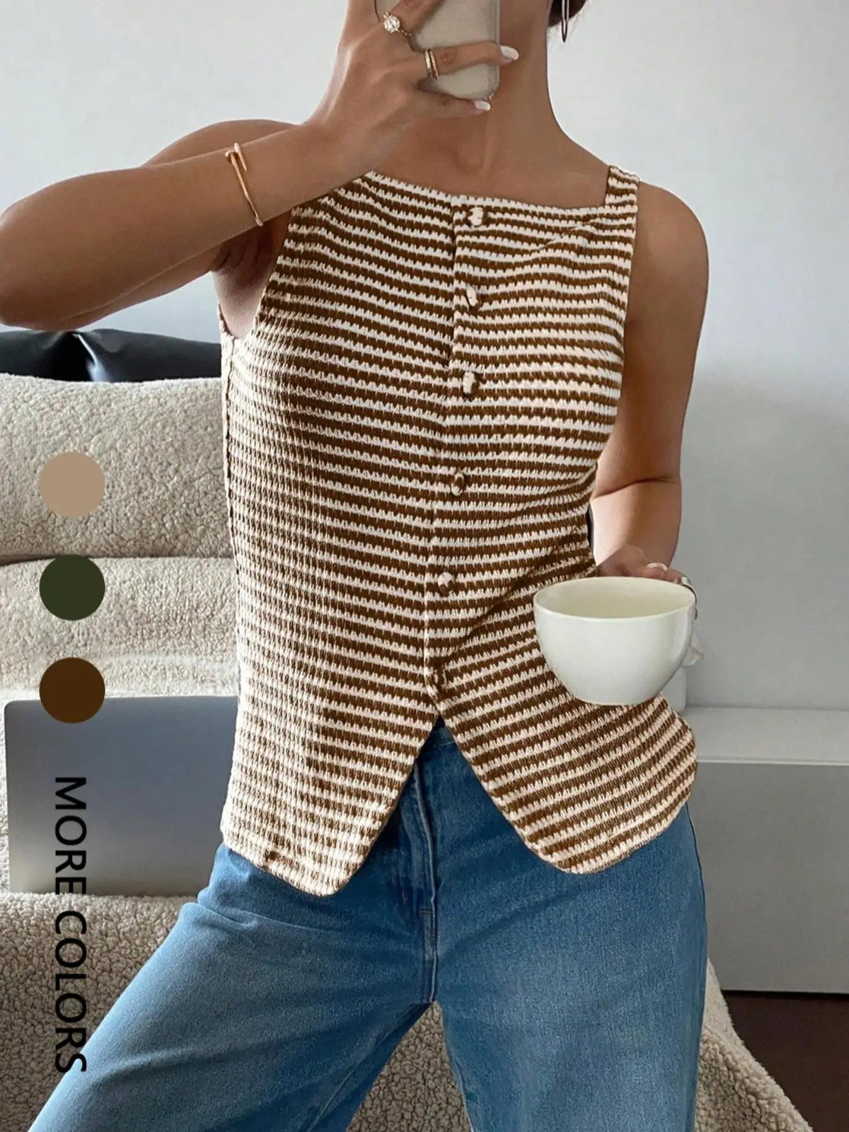 SaneShoppe-Ladies' Sheer Striped Button-Up Vest Casual Sleeveless Top for Daily Wear