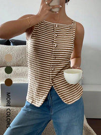 SaneShoppe-Ladies' Sheer Striped Button-Up Vest Casual Sleeveless Top for Daily Wear