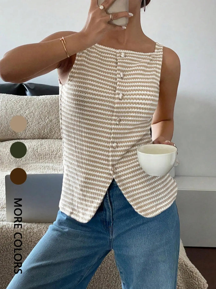 SaneShoppe-Ladies' Sheer Striped Button-Up Vest Casual Sleeveless Top for Daily Wear