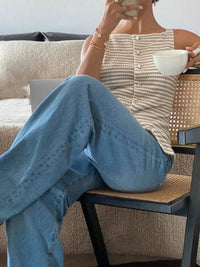 SaneShoppe-Ladies' Sheer Striped Button-Up Vest Casual Sleeveless Top for Daily Wear