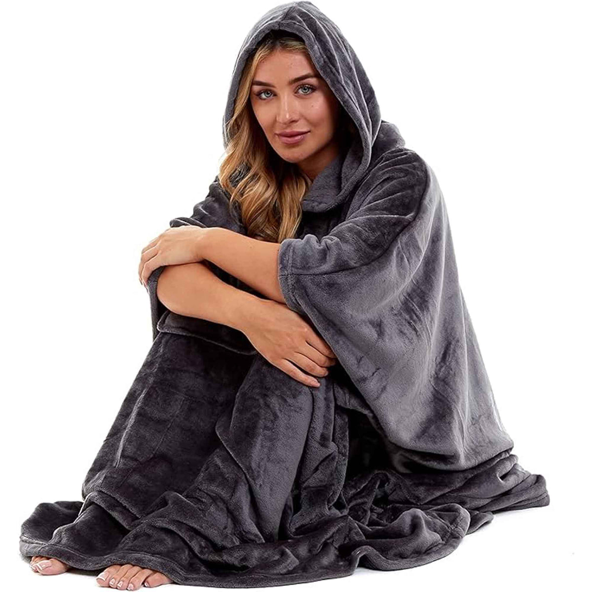 SaneShoppe - Women's Super Soft Oversized Hooded Poncho Blanket Navy Charcoal Flannel Fleece Cozy Loungewear Nightwear Warm Hoodie One Size Fits Most Adults by Daisy Dreamer