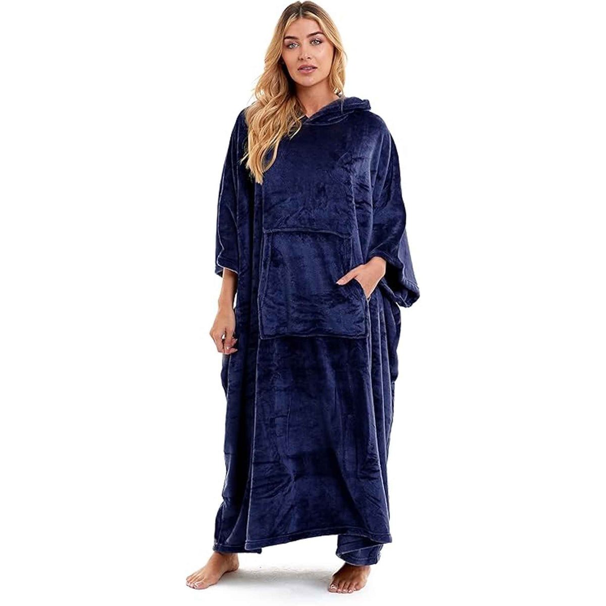 SaneShoppe - Women's Super Soft Oversized Hooded Poncho Blanket Navy Charcoal Flannel Fleece Cozy Loungewear Nightwear Warm Hoodie One Size Fits Most Adults by Daisy Dreamer