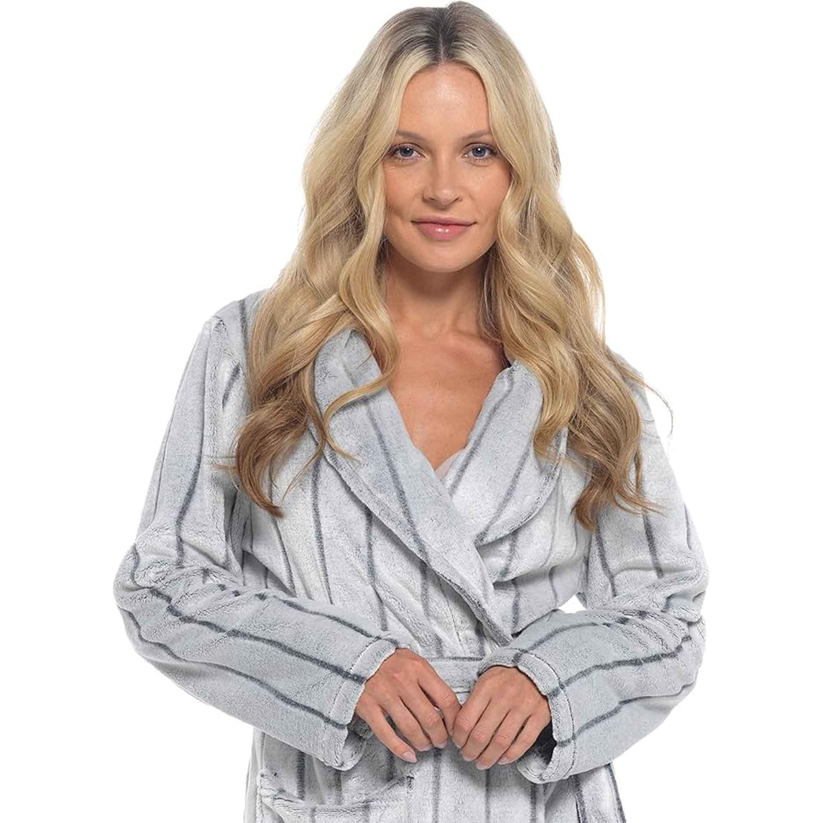 SaneShoppe - Women's Ultra Soft Velvet Fleece Hooded Bathrobe with Shawl Collar Shadow Stripe Design Grey and Charcoal All Sizes by Daisy Dreamer