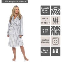 SaneShoppe - Women's Ultra Soft Velvet Fleece Hooded Bathrobe with Shawl Collar Shadow Stripe Design Grey and Charcoal All Sizes by Daisy Dreamer